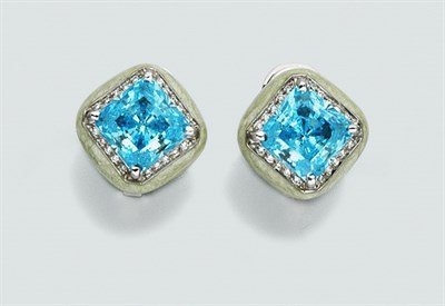 Lot 598 - Pair of Hydrothermal Blue Quartz, Enamel and Diamond Earrings