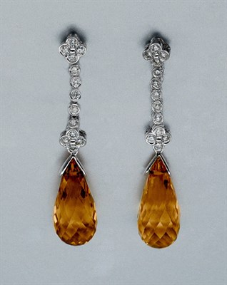 Lot 660 - Pair of Citrine and Diamond Pendant-Earrings