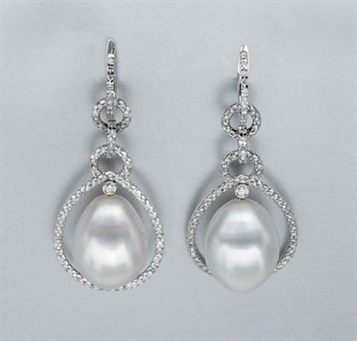 Lot 642 - Pair of Cultured Pearl and Diamond Pendant-Earrings