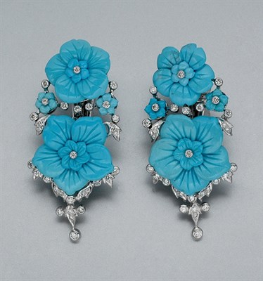 Lot 570 - Pair of Turquoise and Diamond Flower Earrings