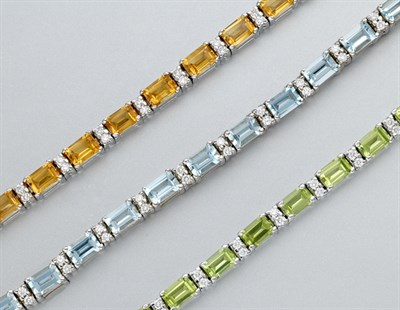 Lot 835 - Three Peridot, Aquamarine, Citrine and Diamond Bracelets