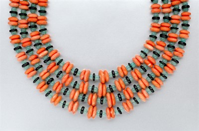 Lot 719 - Four Strand Coral, Black Onyx and Green Chrysoprase Bead Necklace