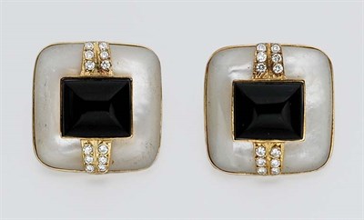 Lot 918 - Pair of Gold, Mother-of-Pearl, Black Onyx and Diamond Earclips