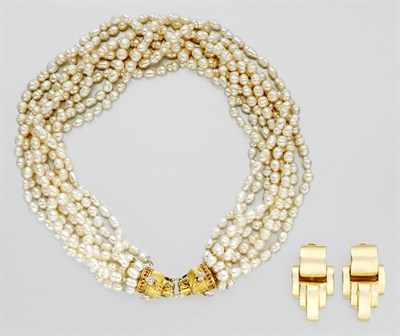 Lot 931 - Eight Strand Freshwater Pearl Necklace and Pair of Gold Earrings