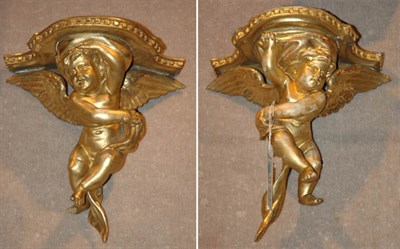 Lot 3413 - Pair of Gilt-Wood Cherub-Form Brackets Height...