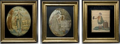 Lot 2021 - Three English Needlework on Silk Pictures...