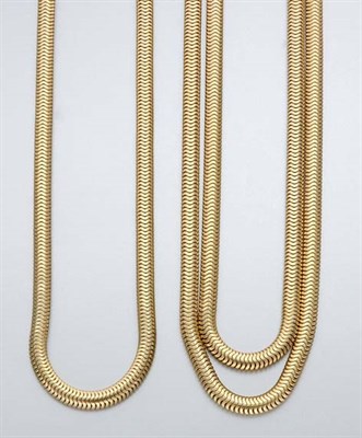 Lot 498 - Single and Double Strand Gold Snake Chain Necklaces
