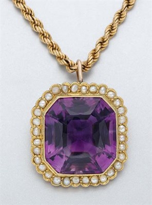 Lot 585 - Amethyst and Split Pearl Pendant with Gold Chain