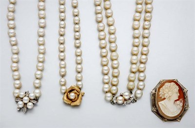 Lot 500 - Three Cultured Pearl Necklaces and a Shell Cameo Pendant Brooch