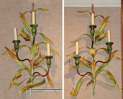 Lot 3427 - Pair of Three-Light Painted Iron and Tole...