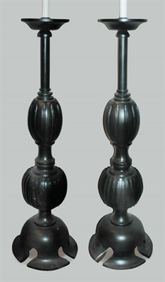 Lot 4521 - Pair of Black Painted Turned Wood Two-Light...