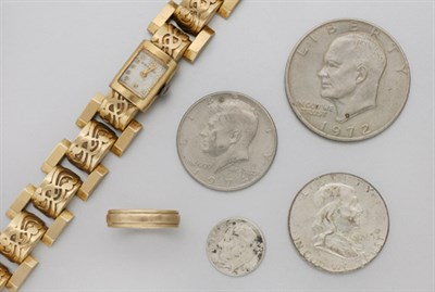 Lot 8 - Gold Wristwatch and Band Ring and Group of Assorted U.S. Coins