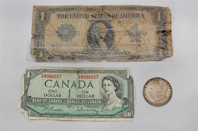 Lot 49 - Assorted Currency and One U.S. Silver Dollar