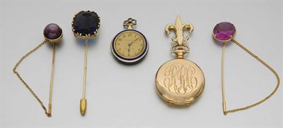 Lot 319 - A Pendant Watch, Lapel Watch, Three Stick Pins and a Loose Star Ruby