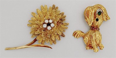 Lot 253 - Gold and Diamond Flower Brooch and Dog Brooch