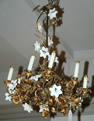 Lot 3408 - Painted Metal Floral Decorated Eight-Light...