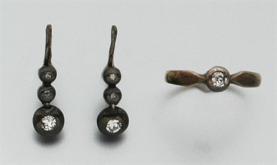 Lot 117 - Pair of Antique Diamond Pendant Earrings and Ring