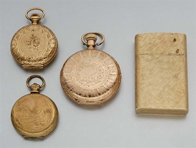 Lot 142 - Three Hunting Cased Pocket Watches, An Enamel Pendant Watch, a Lighter and Coins
