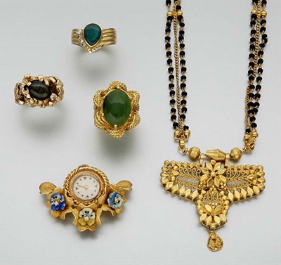 Lot 418 - Three Gold and Gem-Set Rings, Pendant-Watch and Necklace