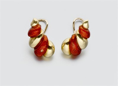 Lot 840 - Pair of Gold and Red Enamel Earclips