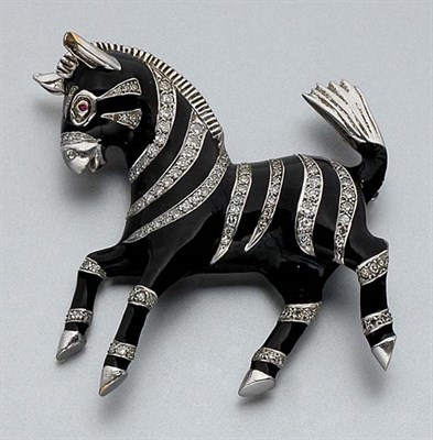 Lot 838 - Black Enamel and Diamond Zebra Brooch