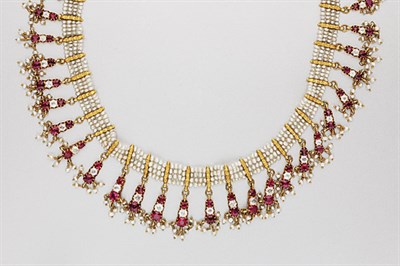 Lot 246 - Indian Four Strand Seed Pearl, Ruby and White Sapphire Fringe Necklace