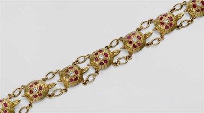 Lot 877 - Gold, Synthetic Ruby and Simulated Diamond Turtle Bracelet