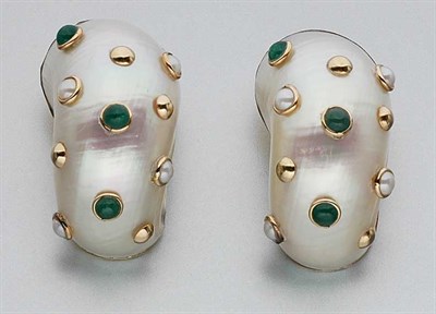 Lot 917 - Pair of Gold, Shell, Split Pearl and Cabochon Emerald Earclips