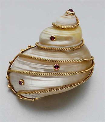 Lot 841 - Gold, Shell and Ruby Brooch
