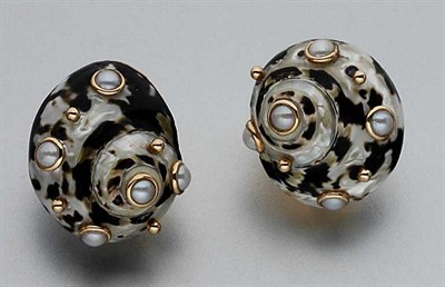 Lot 842 - Pair of Gold, Shell and Split Pearl Earrings