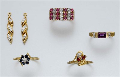 Lot 169 - Four Diamond and Gem-Set Rings and Pair of Diamond Pendants