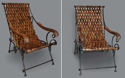 Lot 3506 - Pair of Scrolled Iron and Teak Lounge Chairs