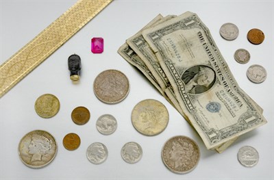 Lot 185 - Assorted U.S. and Foreign Coins and Currency and Assorted Jewelry