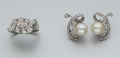 Lot 923 - Diamond Ring and Pair of Cultured Pearl and Diamond Earrings