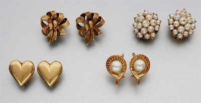 Lot 696 - Four Pairs of Gold and Cultured Pearl Earclips