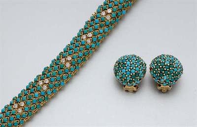 Lot 707 - Turquoise and Diamond Bracelet and Pair of Earclips