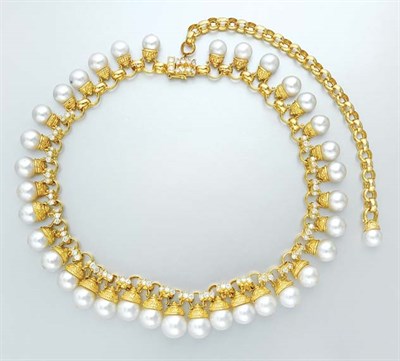 Lot 344 - Gold, Cultured Pearl and Diamond Fringe Necklace