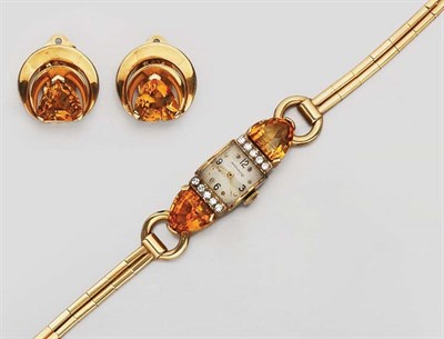 Lot 194 - Gold, Citrine and Diamond Wristwatch and Pair of Earclips