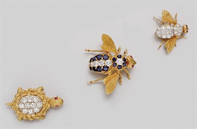 Lot 197 - Three Gold, Diamond and Gem-Set Insect and Turtle Brooches
