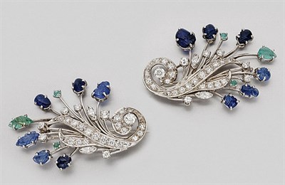 Lot 198 - Pair of Carved Sapphire, Emerald and Diamond Spray Brooches