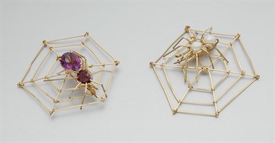Lot 627 - Pair of Gold, Freshwater Pearl and Amethyst Spider and Spider Web Brooches