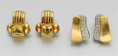 Lot 737 - Pair of Two-Color Gold and Diamond Earrings and Pair of Gold and Citrine Earclips