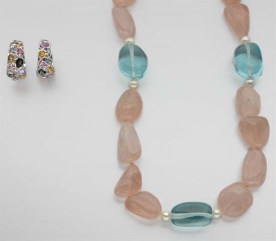 Lot 424 - Tumbled Rose Quartz and Blue Glass Bead and Cultured Pearl Necklace and Pair of  White Gold and Synthetic Stone Half-Hoop Earrings