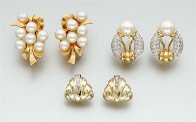 Lot 437 - Three Pairs of Gold, Diamond and Cultured Pearl Earrings