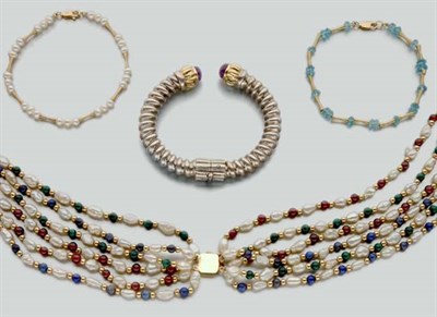 Lot 438 - Assorted Freshwater Pearl and Colored Stone Necklace and Bracelets
