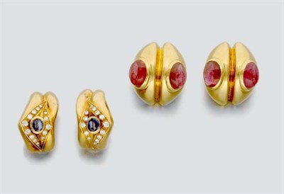 Lot 447 - Two Pairs of Gold and Gem-Set Earclips