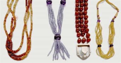 Lot 734 - Four Colored Stone and Stone Bead Necklaces