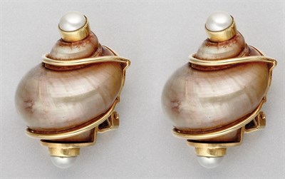 Lot 359 - Pair of Gold, Shell and Cultured Pearl Earclips