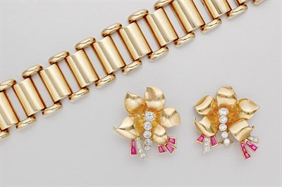 Lot 94 - Gold Bracelet and Pair of Gold, Diamond and Synthetic Ruby Earrings