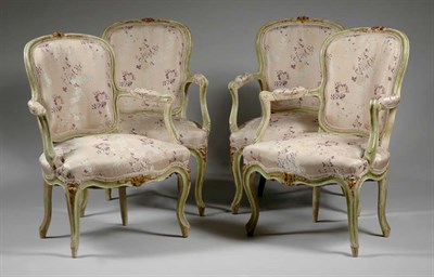 Lot 1459 - Set of Four Louis XV Green and Cream Painted...